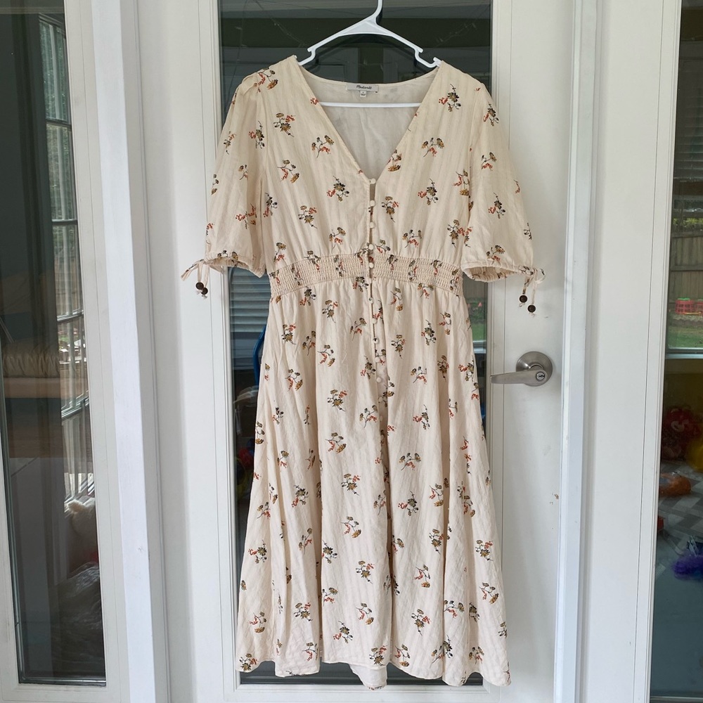 Tie-sleeve smocked-waist button-front midi dress